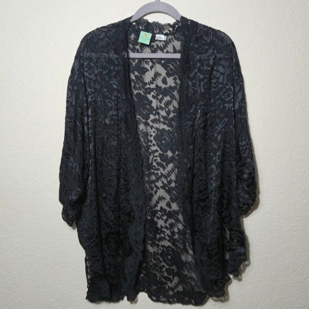 VTG Mary Green Silk-Blend Lace Sheer Mid-Length Cover-Up Robe O/S